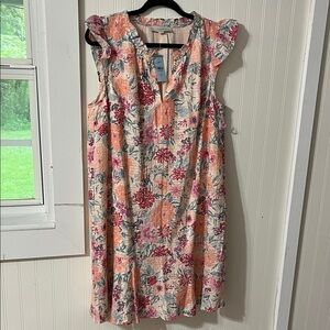 LOFT Floral Print Midi Dress with Ruffle Detail - Pink and Orange